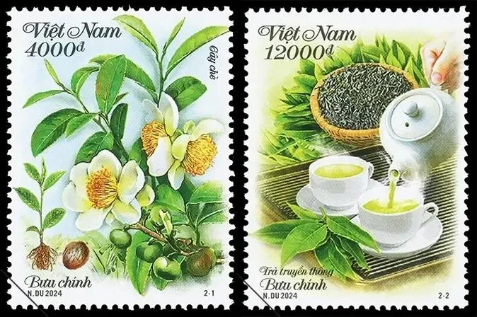 Dos muestras de sellos presentan la cultura y las plantas de té de Vietnam. (Foto: Corporación Postal de Vietnam)