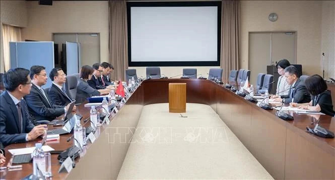 En la reunión de trabajo entre el Ministro de Información y Comunicaciones, Nguyen Manh Hung, y el ministro de Estado de Economía, Comercio e Industria de Japón, Kozuki Ryosuke. (Foto: VNA)