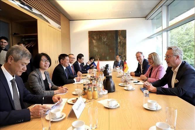 El viceprimer ministro Ho Duc Phoc (tercero por la izquierda) mantiene una sesión de trabajo con representantes del Grupo Parlamentario de Amistad Alemania-ASEAN el 10 de octubre. (Foto: VNA)