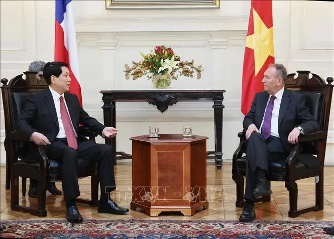 El presidente de Vietnam, Luong Cuong, (I) se reúne con el presidente del Senado de Chile, José García Ruminot. (Fuente: VNA)