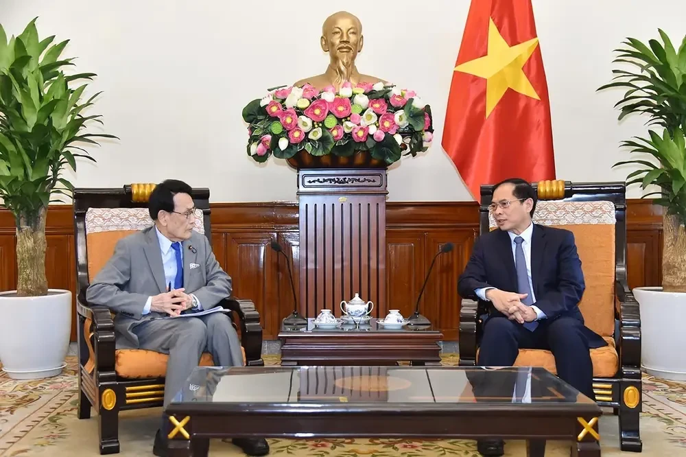 Le ministre des Affaires étrangères Bui Thanh Son (droite) reçoit à Hanoi le chef du Département de recherche des politiques du Parti libéral-démocrate du Japon (PLD) Tokai Kisaburo. Photo: VNA