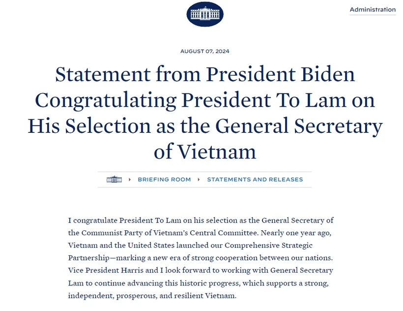 Le site Internet de la Maison Blanche publie les félicitations du président américain Joe Biden à l'occasion de l'élection du président Tô Lâm comme secrétaire général du Comité central (CC) du Parti communiste du Vietnam (PCV).