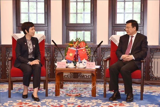 La directrice générale de la VNA, Vu Viet Trang, s'entretient à Pékin avec le président de l'agence de presse Xinhua, Fu Hua. Photo: VNA