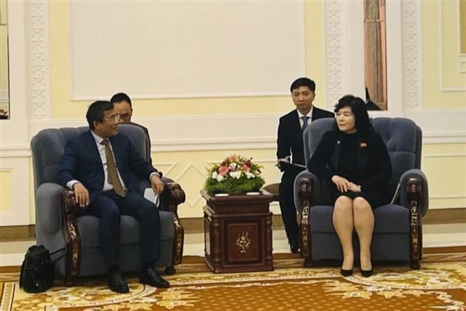 Le vice-ministre permanent des AE Nguyên Minh Vu (gauche) rencontre la ministre des Affaires étrangères de la RPDC Choe Son Hui. Photo: VNA