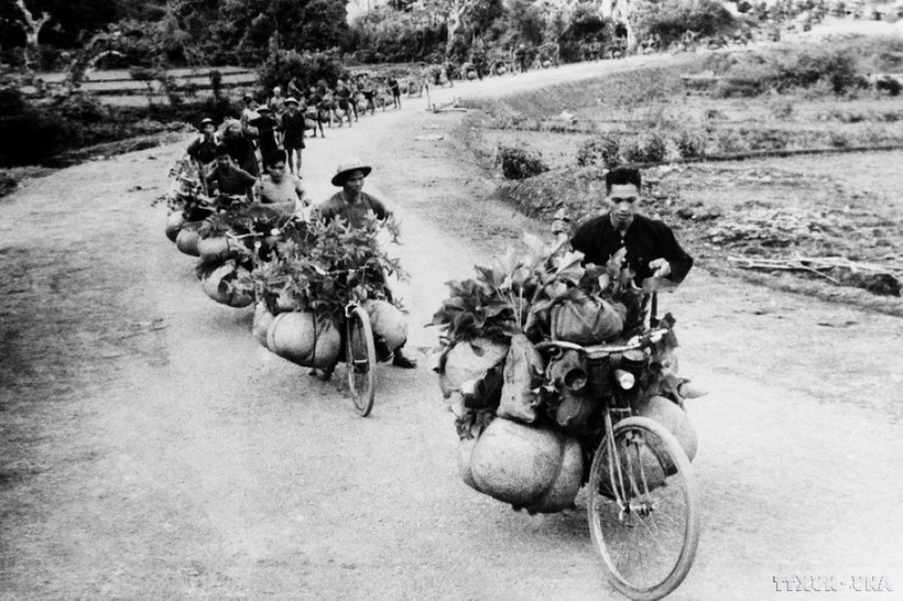 Pack-bikes and manual cannon haul to the front (Photo: VNA)