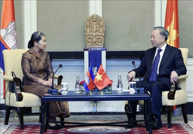 President To Lam (right) meets with Chairwoman of the Cambodia-Vietnam Friendship Association Samdech Men Sam An (Photo: VNA)