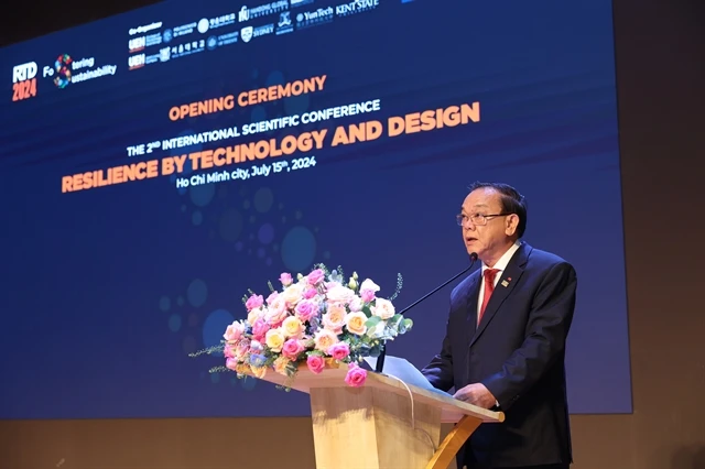 Prof. Nguyen Dong Phong, Chairman of the University of Economics HCM City Council, delivers the opening speech at the Resilience by Technology and Design 2024 international scientific conference held in HCM City on July 15. (Photo: VNA)