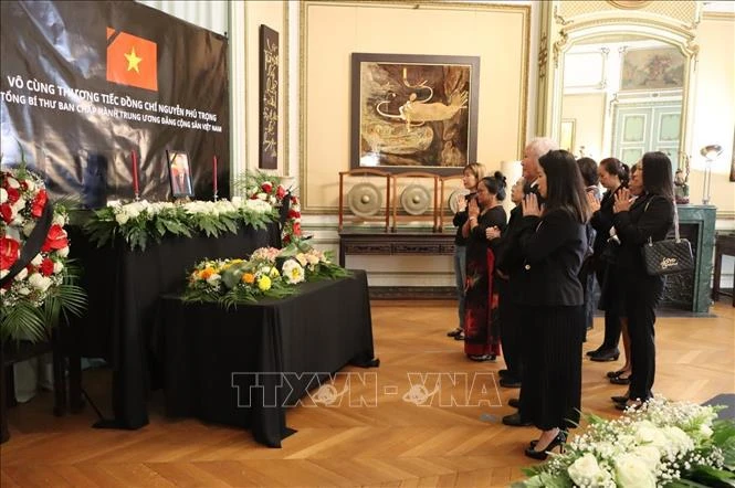 A delegation from the General Union of Vietnamese in Belgium (UGVB) pay their last respects to Party General Secretary Nguyen Phu Trong. (Photo: VNA)