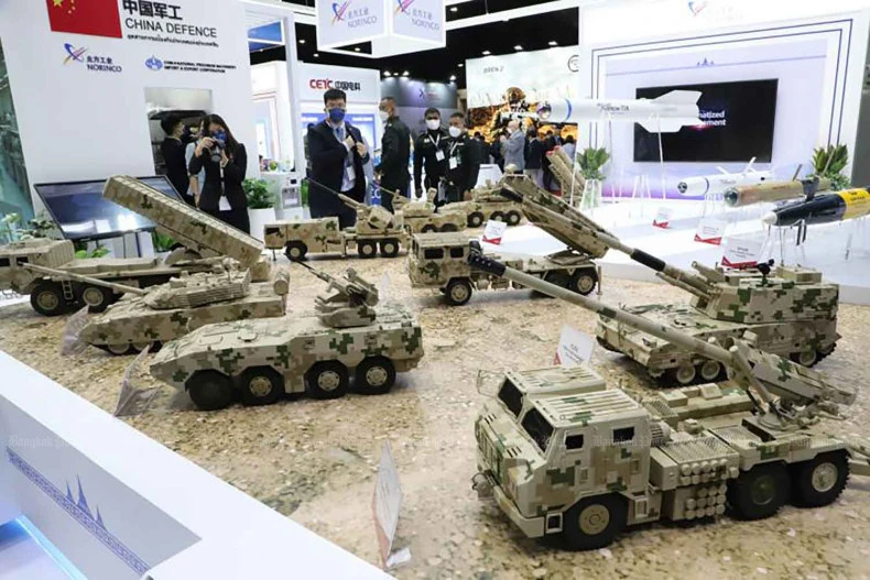 Models of wheeled armoured vehicles are displayed at a defence and security expo in Nonthaburi province in 2022. (Photo: bangkokpost.com) 