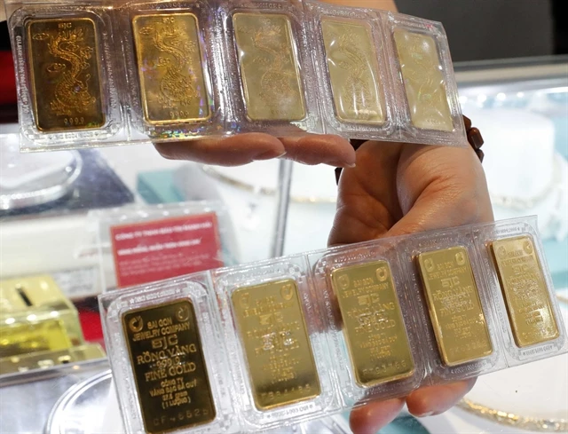 Bao Tin Minh Chau gold bars are displayed for sale in Hanoi. (Photo: VNA)