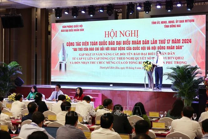 National Assembly Chairman Tran Thanh Man speaks at the national conference of the Dai Bieu Nhan Dan Newspaper’s collaborators in Dong Nai on August 8. (Photo: VNA)