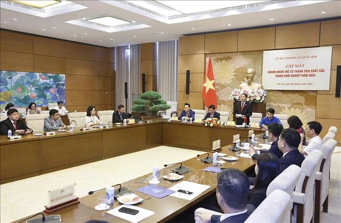 Vice Chairman of the National Assembly (NA) Nguyen Duc Hai speaks at a meeting with young entrepreneurs with outstanding startup results in 2024 in Hanoi on August 9 (Photo: VNA)