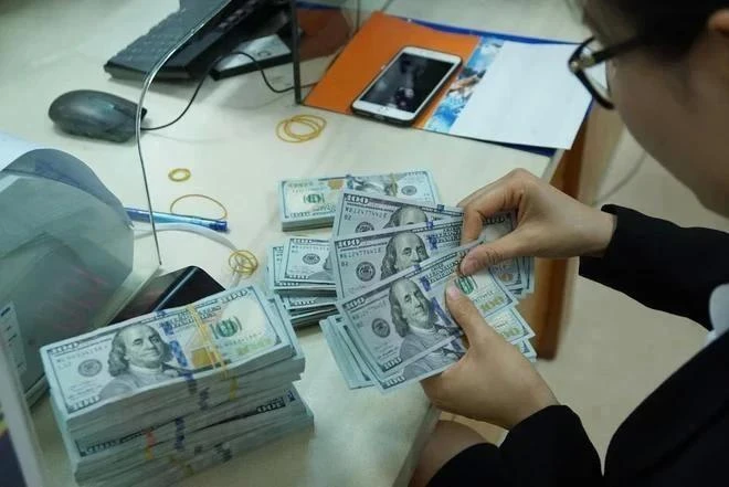 A bank teller counts money at a transaction office in Hanoi. (Photo: VNA)