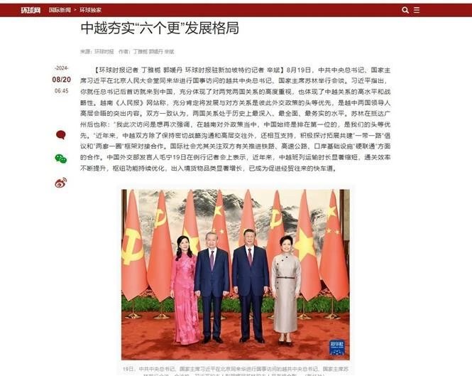 An article about the Vietnamese leader's visit to China on Global Times (Photo: VNA)