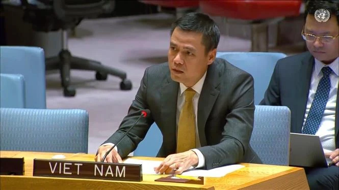 Ambassador Dang Hoang Giang, Permanent Representative of Vietnam to the United Nations (UN) speaks at the open debate on August 21. (Photo: VNA)