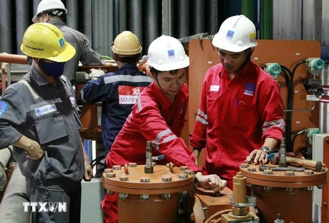 A team of engineers is inspecting and maintaining equipment at the Nhon Trach 2 power plant. (Photo: VNA) 