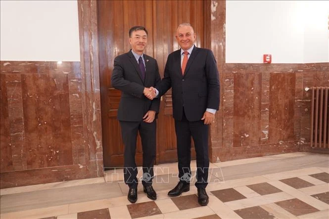 Vietnamese Ambassador to the Czech Republic Duong Hoai Nam (L) and Czech Minister of Industry and Trade Jozef Sikela at their meeting in Prague on August 22 (Photo: VNA)