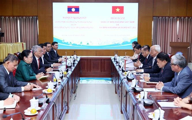 An overview of the talks between Chairman of the Vietnam Peace Committee Uong Chu Luu and Lao National Assembly Vice Chairman and Chairman of the Lao Committee for Peace and Solidarity Sommad Pholsena (Photo: VNA)