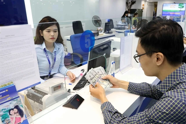 A customer conducts a foreign currency transaction at a banking office (Photo: VNA)