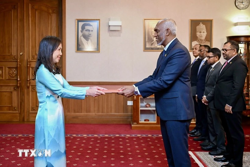 Vietnamese Ambassador Trinh Thi Tam presents credentials to Maldivian President Mohamed Muizzu. (Photo: VNA)