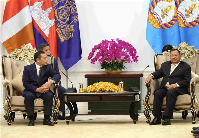 Standing Vice Chairman of the CPV Central Committee's Commission for Information and Education Lai Xuan Mon (L) in the meeting with Vice President of the Cambodian People’s Party and Chairman of the Standing Board of the CPP Central Committee Samdech Say Chhum. (Photo: VNA)