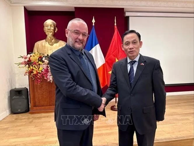 Secretary of the Communist Party of Vietnam (CPV) Central Committee and Chairman of the CPV Central Committee's Commission for External Relations Le Hoai Trung (R) and National Secretary of the Socialist Party for International Relations of France Dylan Boutiflat. (Photo: VNA)