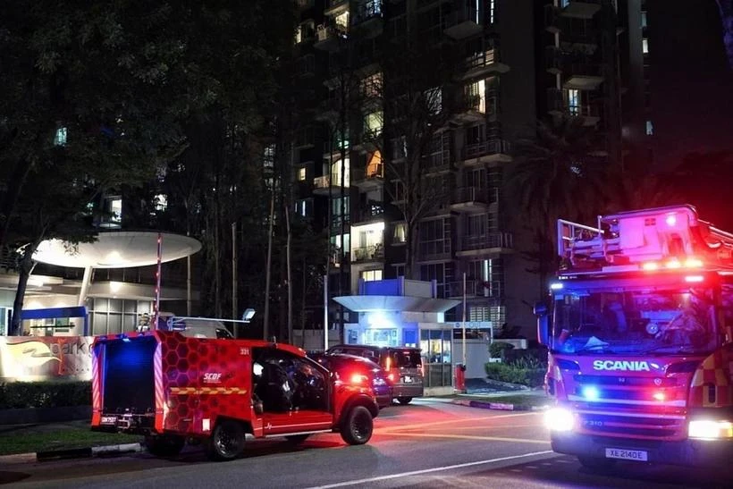 Firefighters at the scene of the blaze at Park Green condominium in Rivervale Link on Oct 6 used two water jets to extinguish the flames. (Photo: The Straits Times)