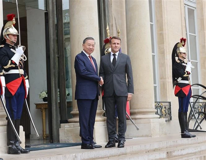 French President Emmanuel Macron (R) welcomes Vietnamese Party General Secretary and State President To Lam (Photo: VNA)