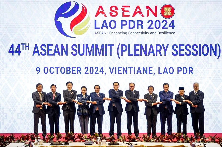 Sinagporean Prime Minister Lawrence Wong (third from left) and other Asean leaders gathering at the 44th ASEAN Summit's Plenary Session in Vientiane, Laos on October 9. (Photo: The Straits Times)