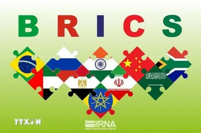 The BRICS symbol with the flags of member countries and nations invited to join the group. (Photo: IRNA/VNA)