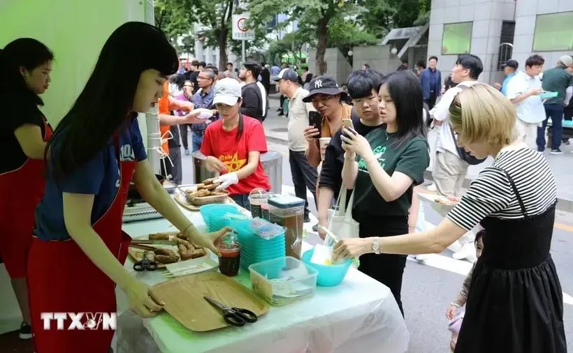 Pho bo (Vietnamese beef noodle soup) and nem ran (fried spring rolls) attract the attention of many Korean and foreign visitors at a festival in the Republic of Korea. (Photo: VNA)