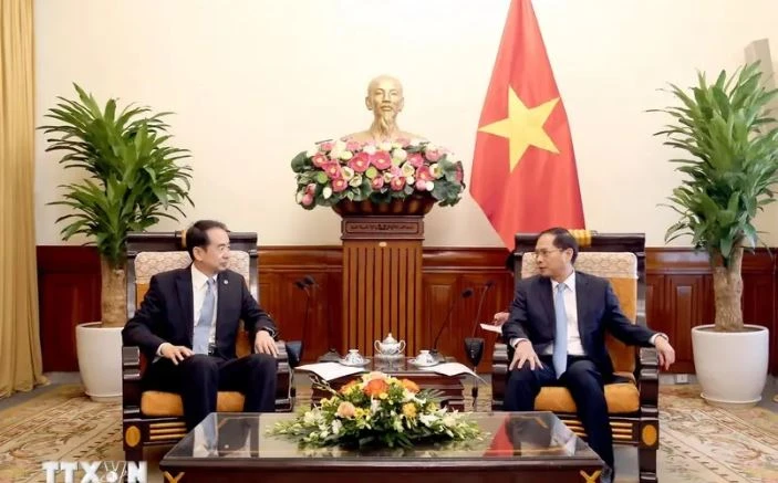 Deputy Prime Minister and Minister of Foreign Affairs Bui Thanh Son (R) receives Chinese Ambassador to Vietnam He Wei in Hanoi on October 22. (Photo: VNA)