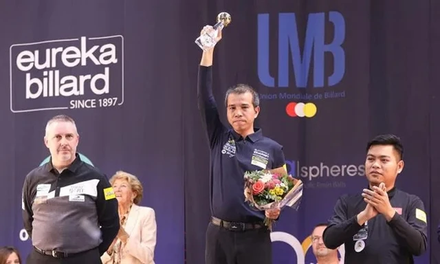 Tran Quyet Chien of Vietnam on top podium of UMB Veghel World Cup 3-Cushion 2024 on October 26 in Veghel, the Netherlands. (Photo: The Billiards)