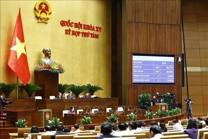 With 428 out of 430 legislators present at the sitting voting in favour, the National Assembly (NA) approves a Resolution on state budget estimates for 2025. (Photo: VNA)