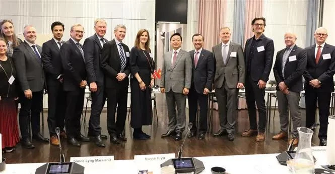 Deputy Prime Minister Tran Hong Ha (sixth from right) posing for a photo with leaders from Confederation of Danish Industry (DI) members (Photo: VNA)