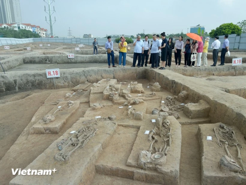 Researchers and media representatives visit excavation pits at Vuon Chuoi (Photo: VietnamPlus)