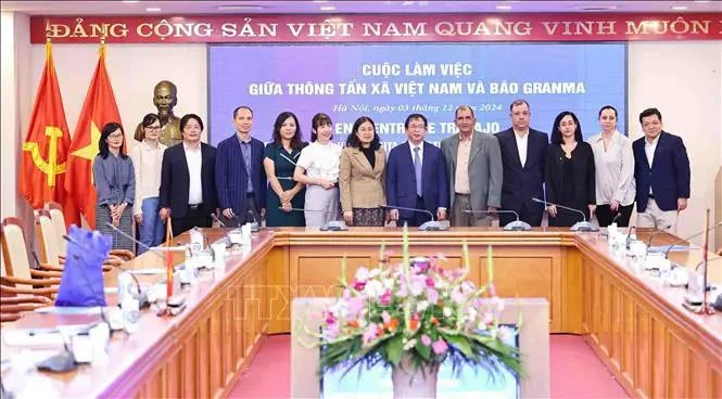 VNA Deputy General Director Nguyen Tuan Hung (sixth from right), Granma newspaper's Deputy Editor-in-Chief Oscar Alberto Sanchez Serra (fifth from right) and other delegates take a group photo at the meeting in Hanoi on December 3. (Photo: VNA)