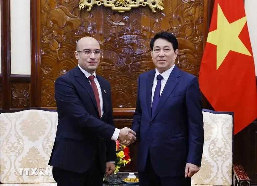 State President Luong Cuong (R) receives Algerian Ambassador to Vietnam Sofiane Chaib. (Photo: VNA)