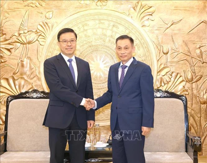 El secretario del Comité Central (CC) del Partido Comunista de Vietnam y jefe de su Comisión de Relaciones Exteriores, Le Hoai Trung (derecha), recibe a Zhao Shitong, ministro asistente del Departamento Internacional del CC del Partido Comunista de China. (Foto: VNA)