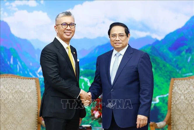 El primer ministro de Vietnam, Pham Minh Chinh (derecha), recibe al ministro de Inversión, Comercio e Industria de Malasia, Zafrul Abdul Aziz. (Foto: VNA)