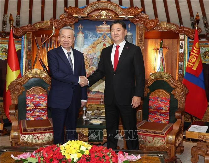 El secretario general del Partido Comunista y presidente de Vietnam, To Lam, se reúne con el jefe del Estado mongol, Ukhnaagiin Khurelsukh. (Foto: VNA)