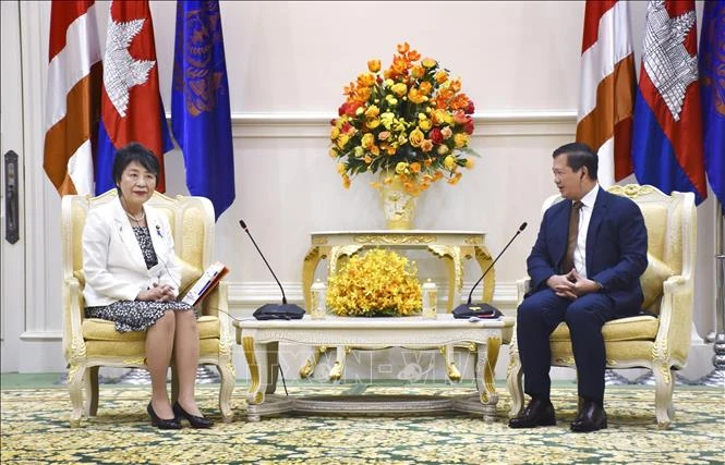 Le Premier ministre cambodgien Hun Manet et la ministre japonaise des Affaires étrangères Kamikawa Yoko. Photo Kyodo/VNA