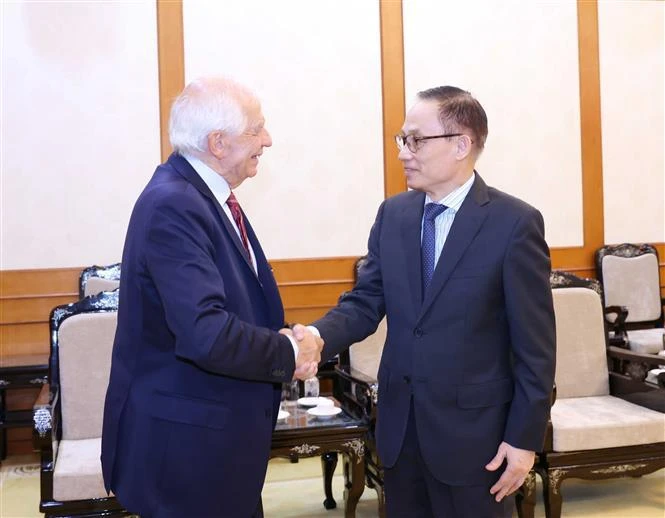 Lê Hoai Trung, chef de la Commission centrale des Affaires extérieures du Parti communiste vietnamien (droite) et Josep Borrell, vice-président de la Commission européenne et Haut-Représentant de l'Union européenne pour les affaires étrangères et la politique de sécurité. Photo : VNA