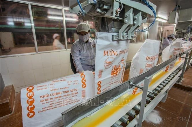 Une ligne de conditionnement de produits à base de sucre raffiné (RE) dans l'usine de KCP Vietnam Industries Limited, une société à capitaux indiens, dans les districts de Son Hoa et Dong Xuan de la province de Phu Yen. (Photo : VNA)