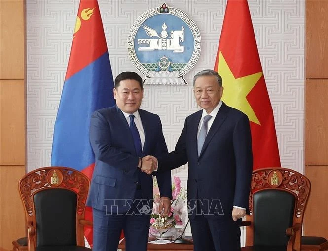 Le secrétaire général du Parti communiste du Vietnam et présidentTo Lam (droite) et le Premier ministre de Mongolie Luvsannamsrain Oyun-Erdene. Photo : VNA