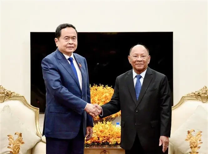 Le président de l'Assemblée nationale Tran Thanh Man (droite) et l'ancien président de l'AN cambodgienne Samdech Heng Samrin. Photo : VNA