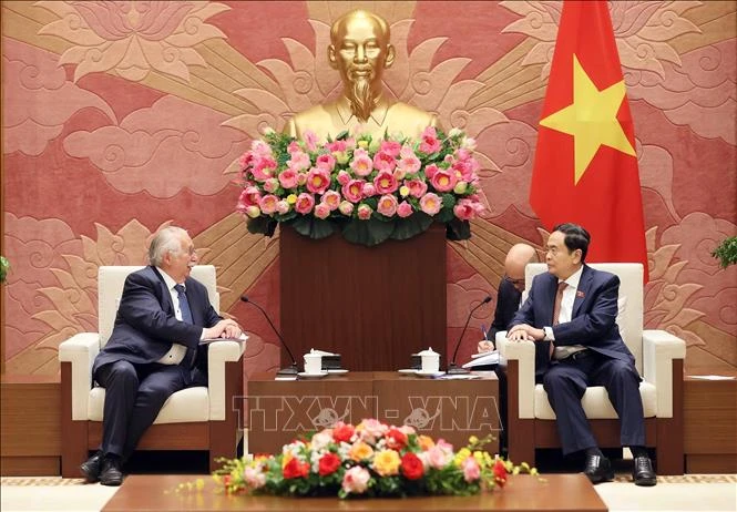 越共中央政治局委员、越南国会常务副主席陈青敏在河内会见比利时国务大臣、众议院前议长安德烈·弗拉奥。图自越通社