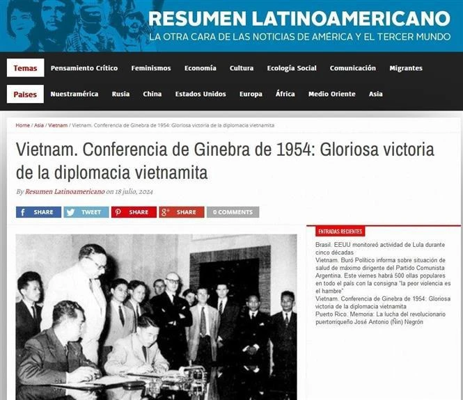 Le journal argentin Resumen Latinoamericano a publié un article saluant les Accords de Genève en 1954. Photo: VNA