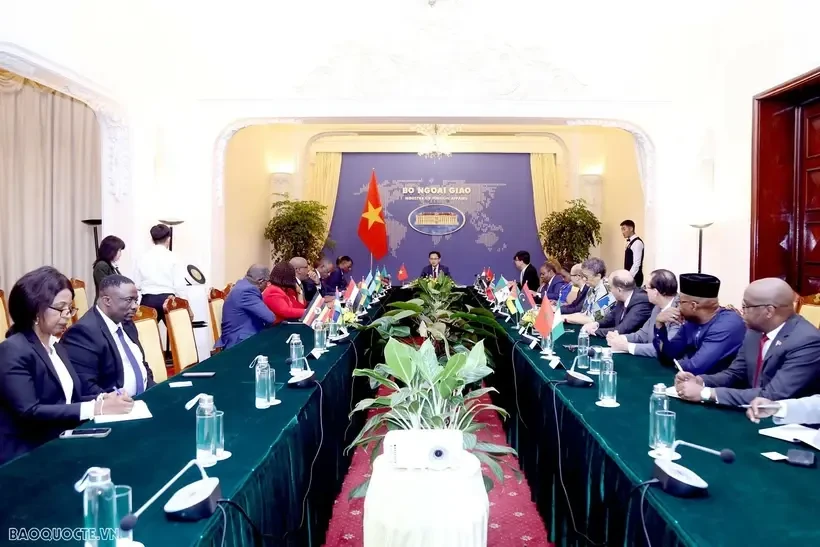 La séance de travail entre le vice-ministre des Affaires étrangères Do Hung Viet et huit ambassadeurs et chargés d'affaires des ambassades à Hanoï, ainsi que huit ambassadeurs non-résidents de pays africains. Photo: VNA