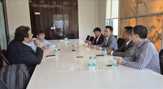 越南驻孟买总领事馆与越南驻印度大使馆商务处与印度太阳制药集团举行工作会议。图自越通社